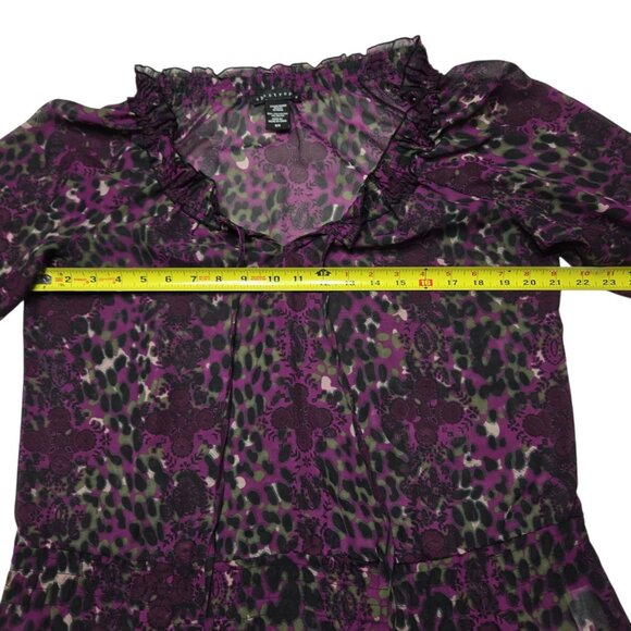 Apostrophe Top Women Medium Purple Leopard Floral Sheer Bell Sleeve Boho Peasant - Picture 2 of 12